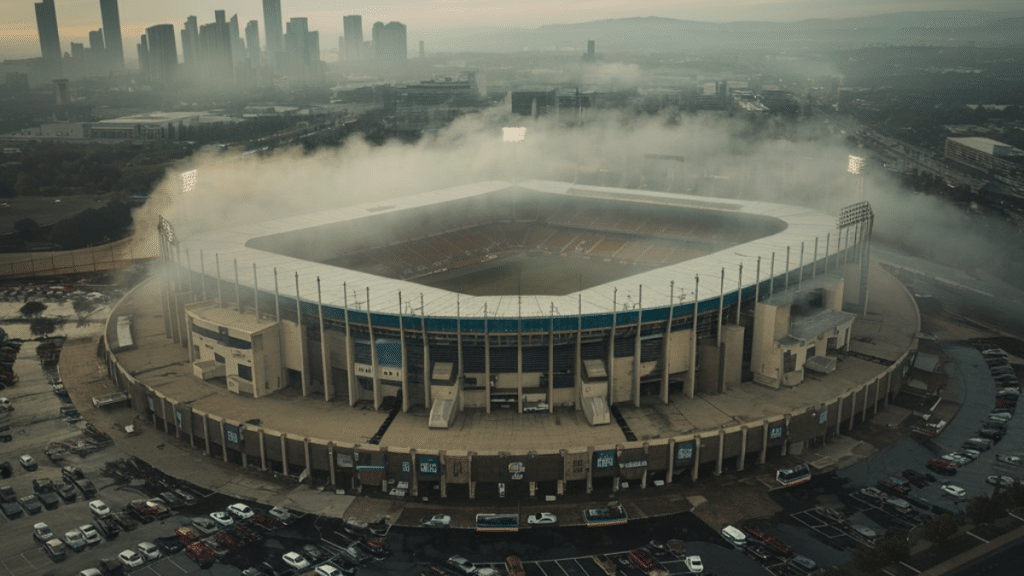 Ariel views a packed sports stadium surrounded by urban development and smog.