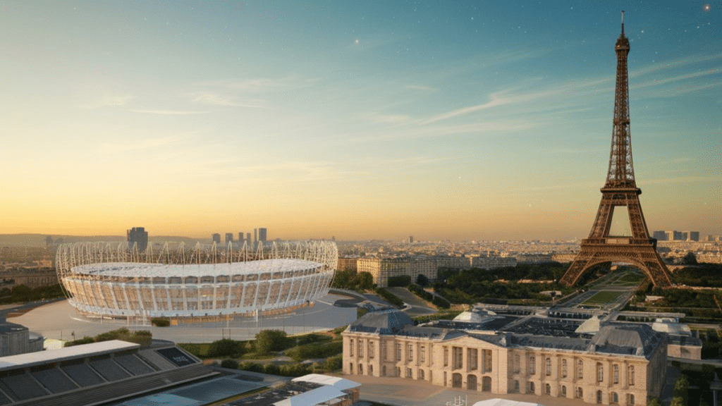 Paris 2024 Olympics venue with a focus on renewable energy and sustainable practices.