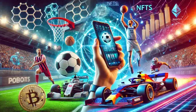 Wide collage featuring a smartphone streaming soccer, a basketball player in action, an American football player, a Formula 1 car, and blockchain elements.